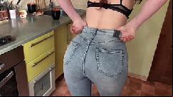 Sexy housewife gives blowjob in the kitchen and gets cum on tits kleomodel